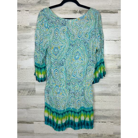 Green Dragon Women’s S Blue Rayon V-Neck Swim Cover-Up Tunic Top 3/4 Sleeve - Picture 2 of 4